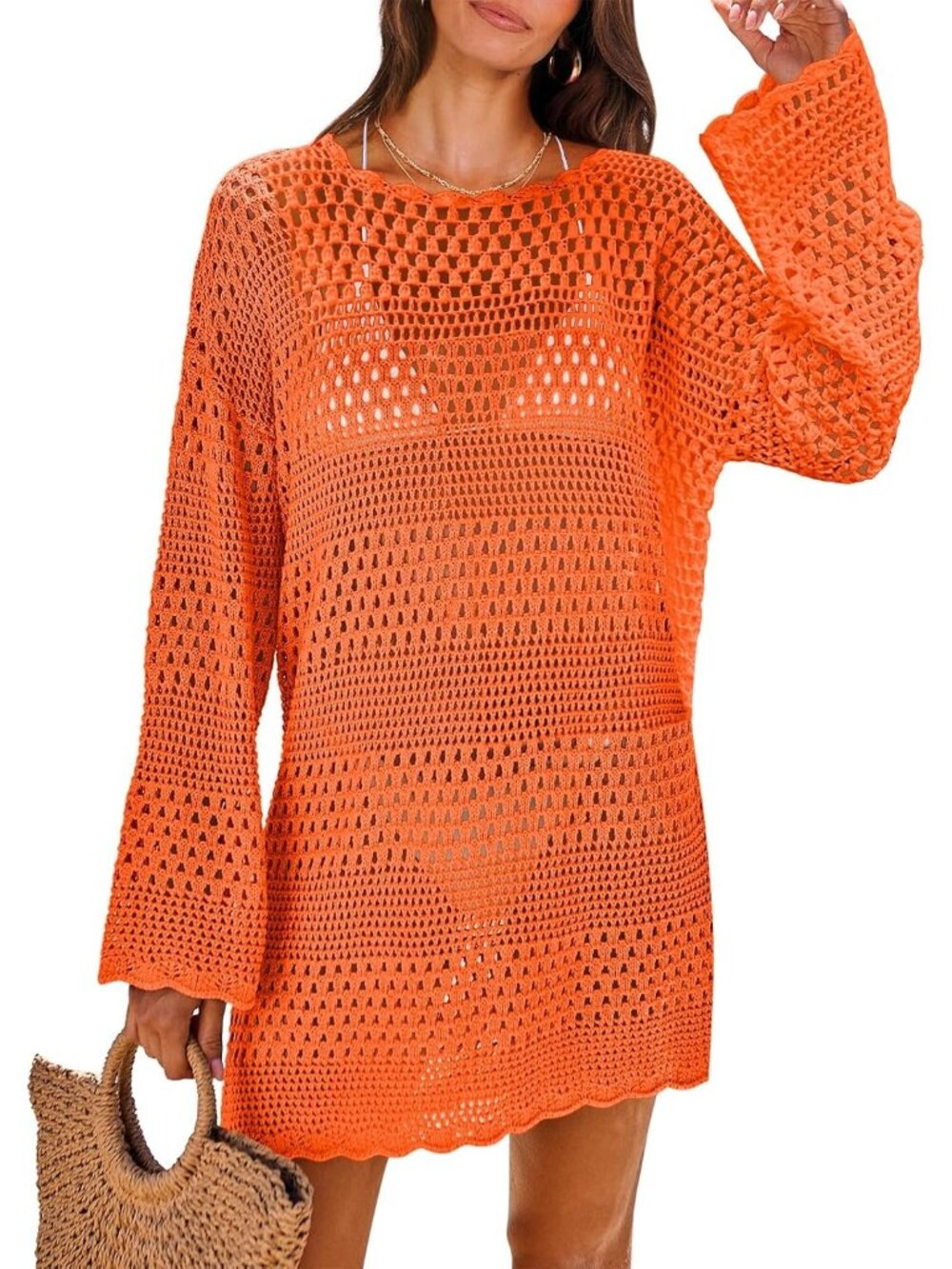 〽️Women's Swimsuit Cover Up Orange Pull On Mesh Knit Crochet Dress Crochet
